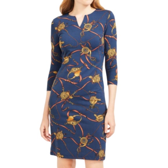 J. McLaughlin Dresses & Skirts - J. McLaughlin Catalina Carly Dress Navy Blue Equestrian Print 3/4 Sleeve- Small